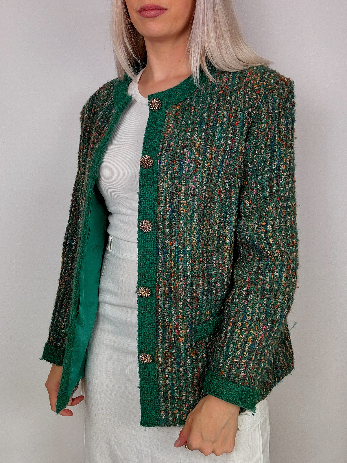 vintage green tweed round neck blazer