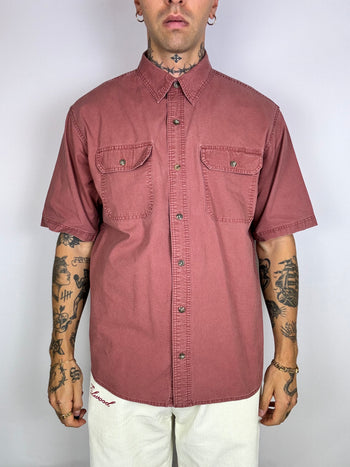 Faded red denim short sleeve shirt