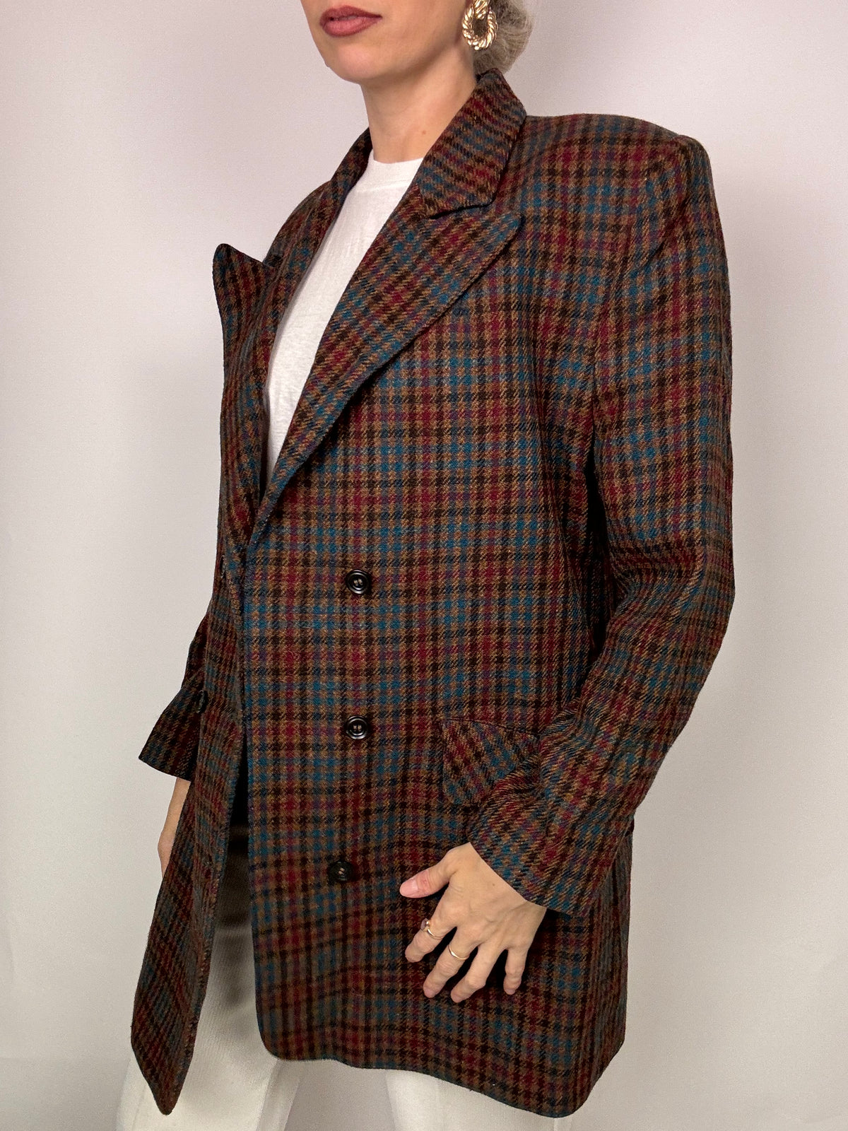 Vintage brown wool plaid long blazer