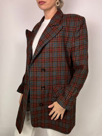 Vintage brown wool plaid long blazer