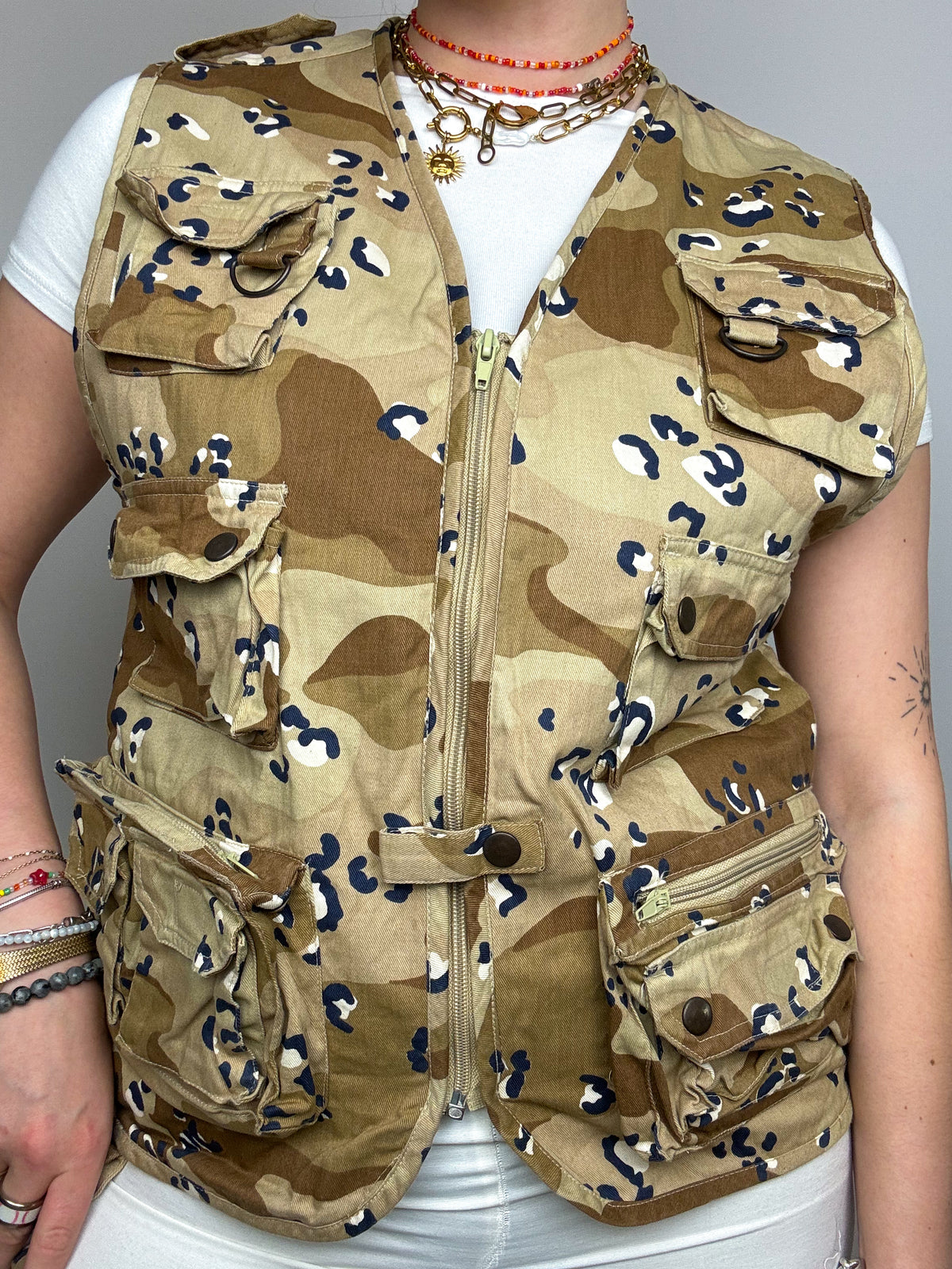 Gilet pêcheur camouflage beige/brun vintage S/M