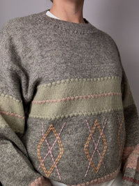 Grey, green &amp; pink patterned knit sweater
