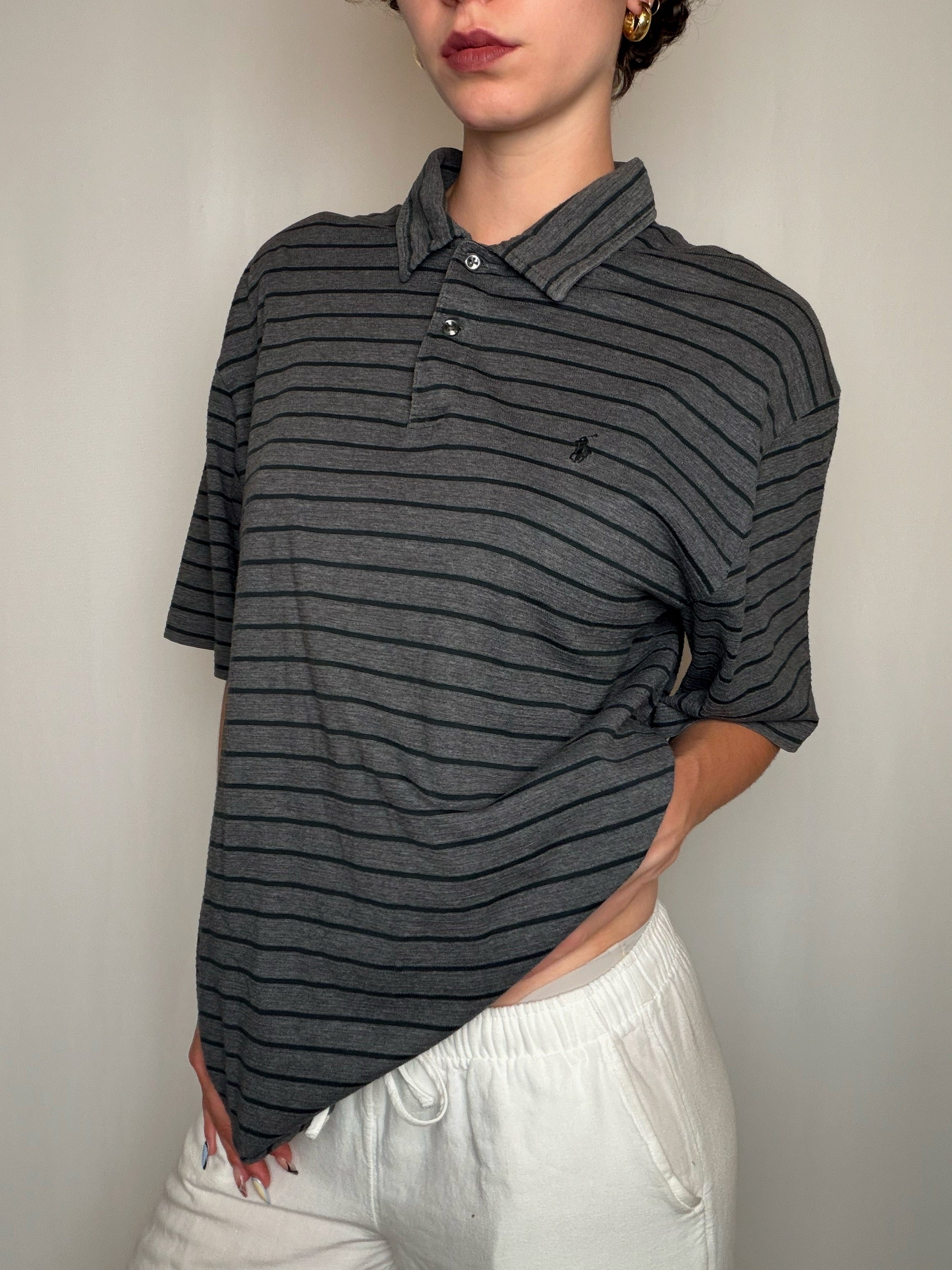 Polo rayé gris Ralph Lauren L vintage