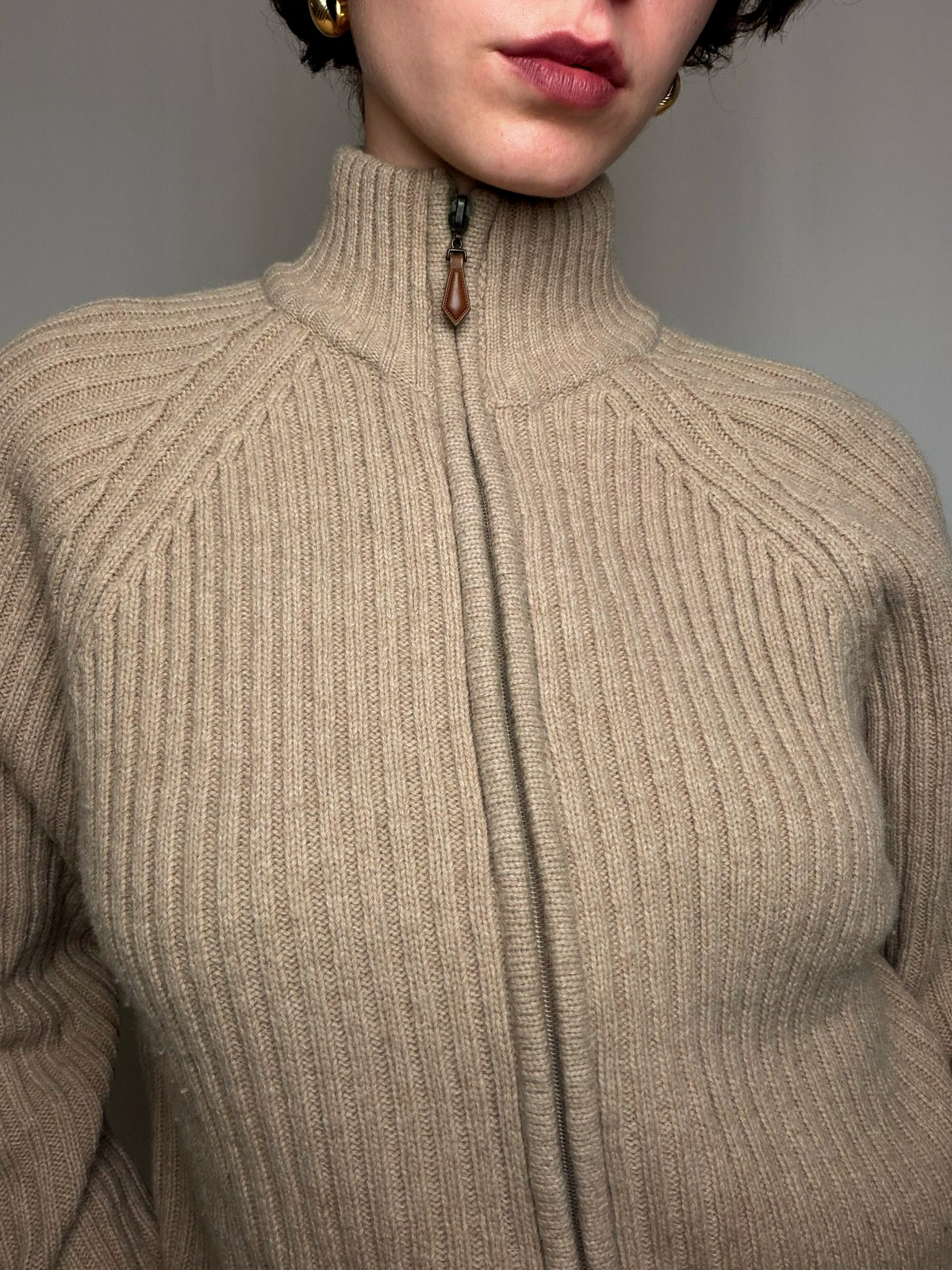 Cardigan à zip en laine Beige L vintage