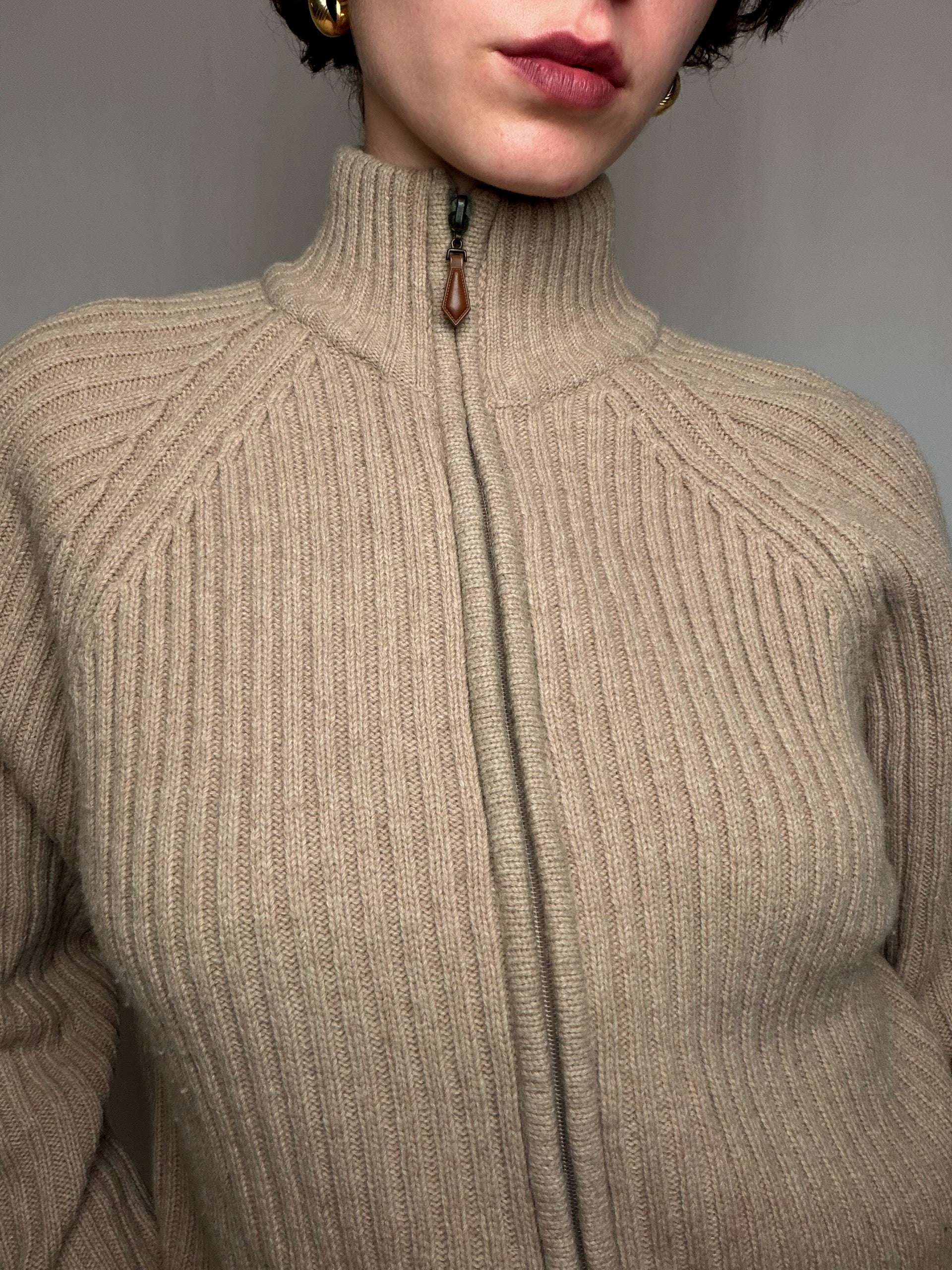 Cardigan à zip en laine Beige L vintage