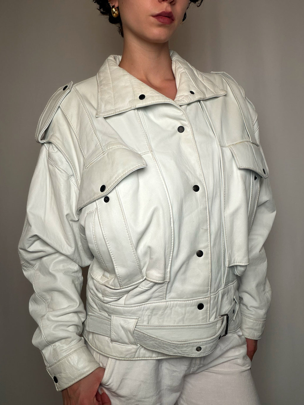 Veste en cuir Blanc Cassé M vintage