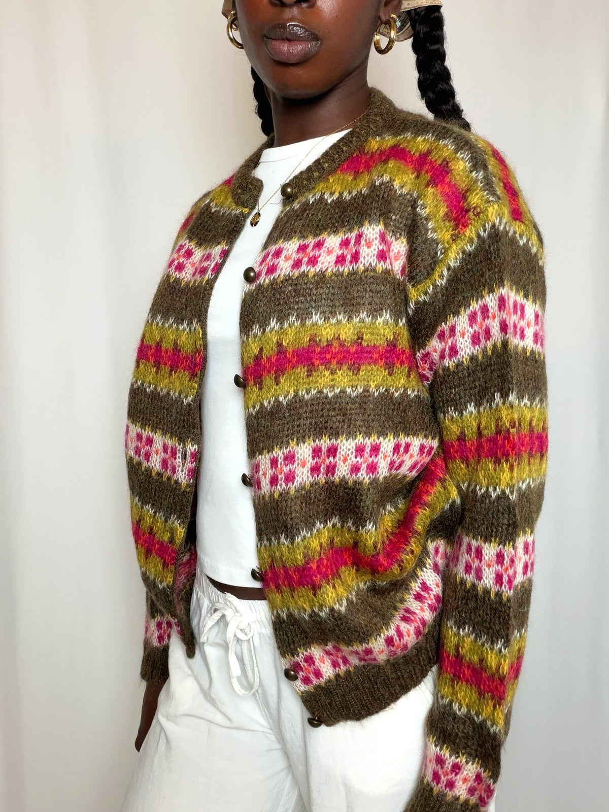 Cardigan rayé vert et rose Benetton S vintage