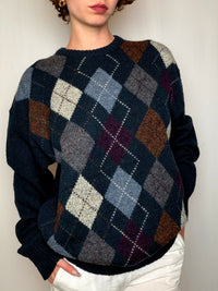 Pull bleu marine à motifs argyle vintage