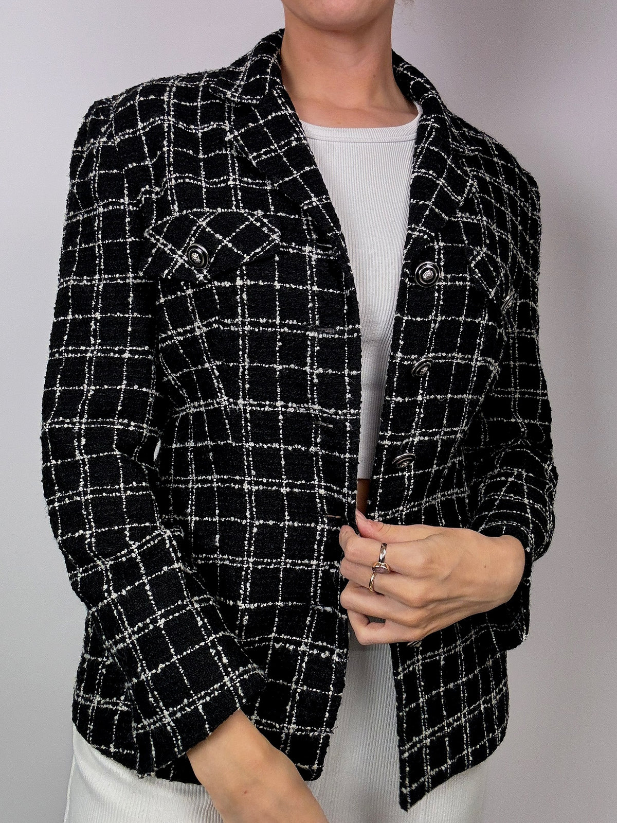 Vintage black tweed fitted plaid blazer