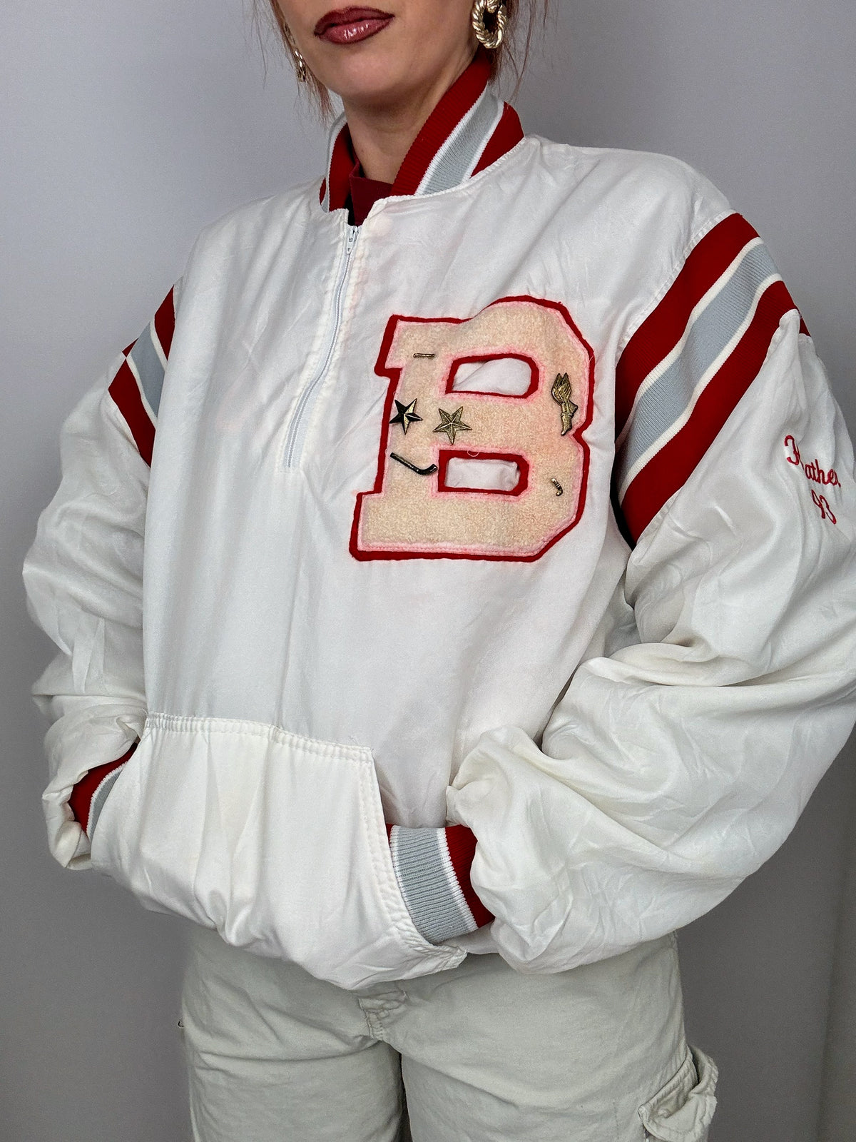 Red/white American bomber jacket Vintage XL