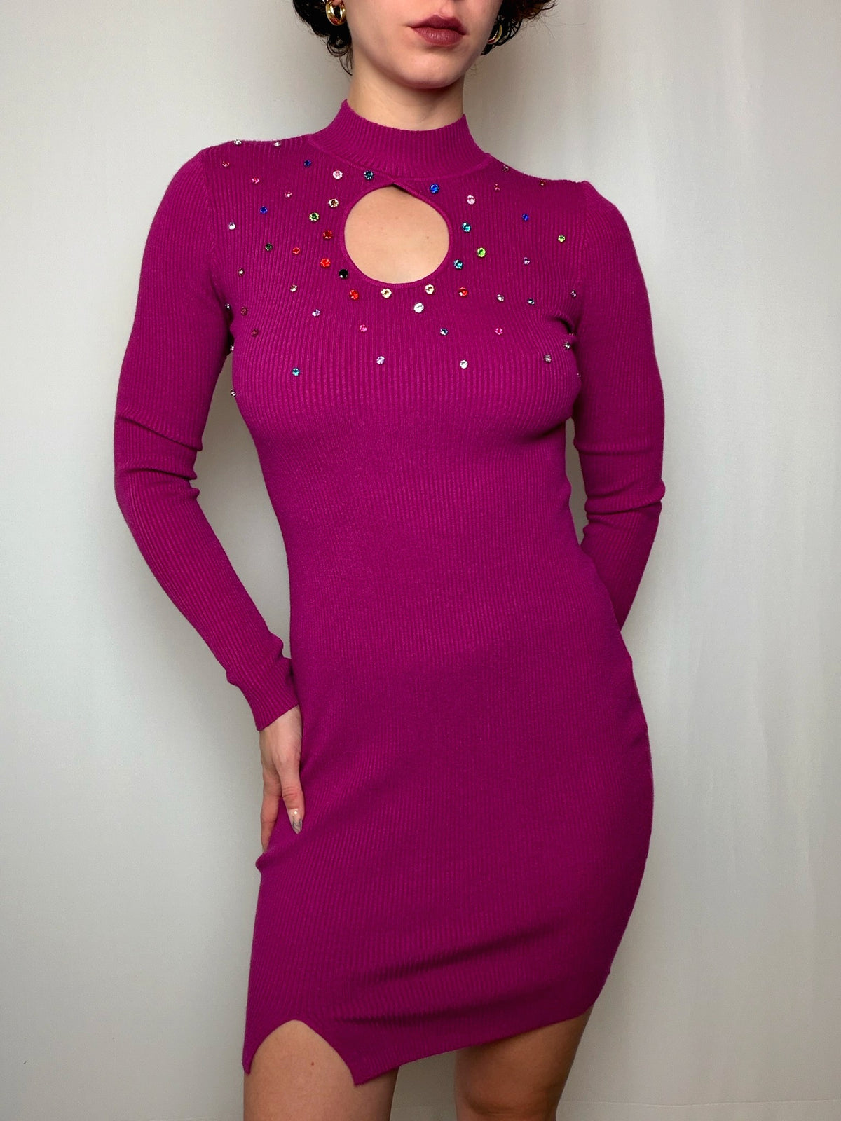 Robe pull fuschia à strass S vintage