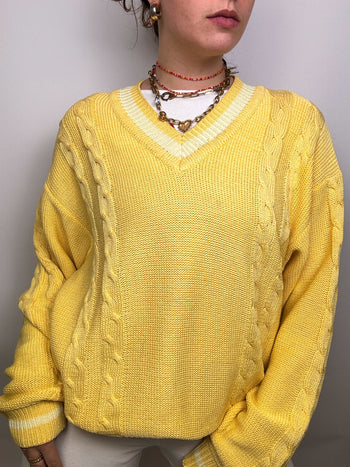 Vintage V-neck knit sweater in chick yellow L/XL 