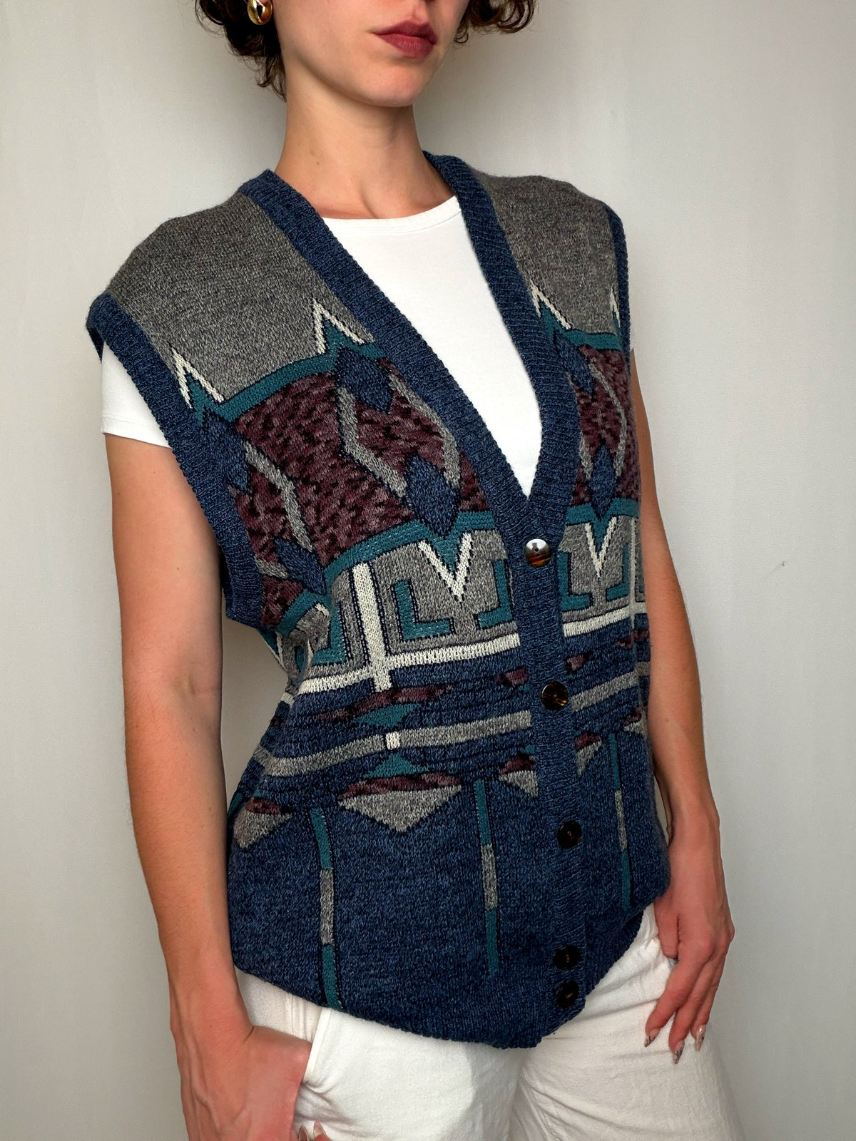 Gilet à motifs tricolores L vintage