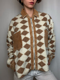 Veste en polaire ecru et brune M vintage