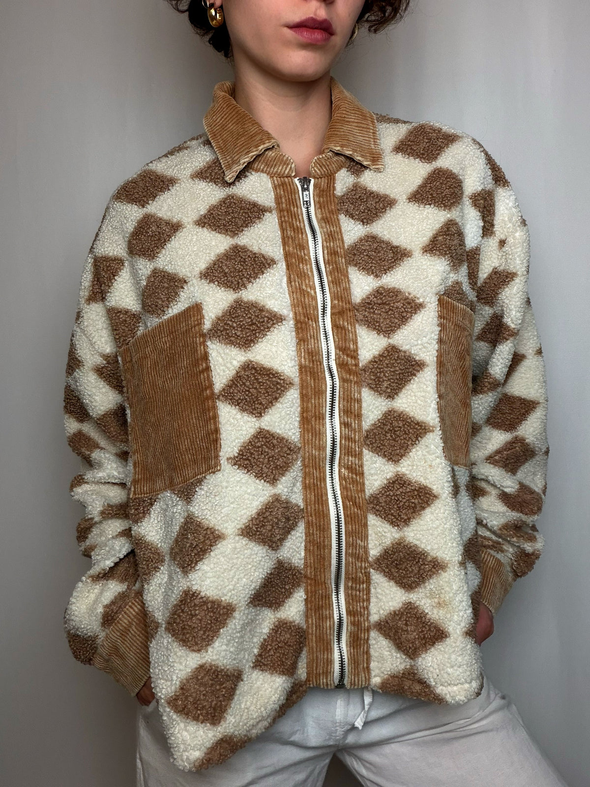 Veste en polaire ecru et brune M vintage