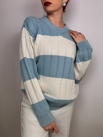 Pull en maille bleu/ blanc Vintage