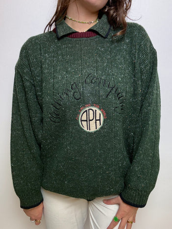 Green wool sweater with vintage collar L