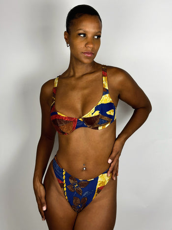 Red and blue two-piece swimsuit with vintage flower