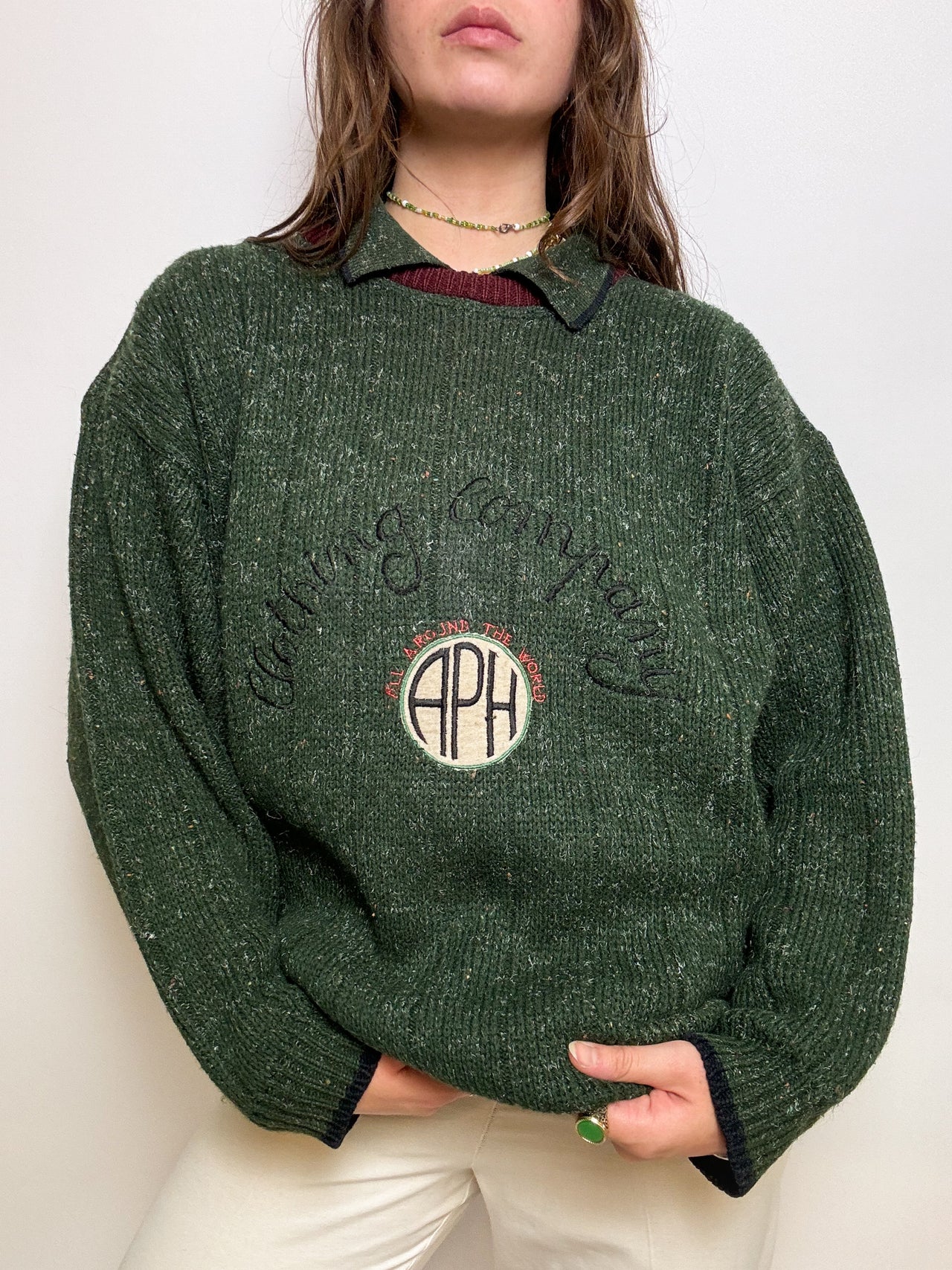 Green wool sweater with vintage collar L