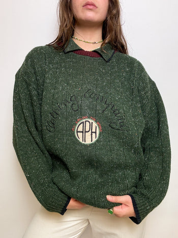 Grüner Wollpullover mit Vintage-Kragen L