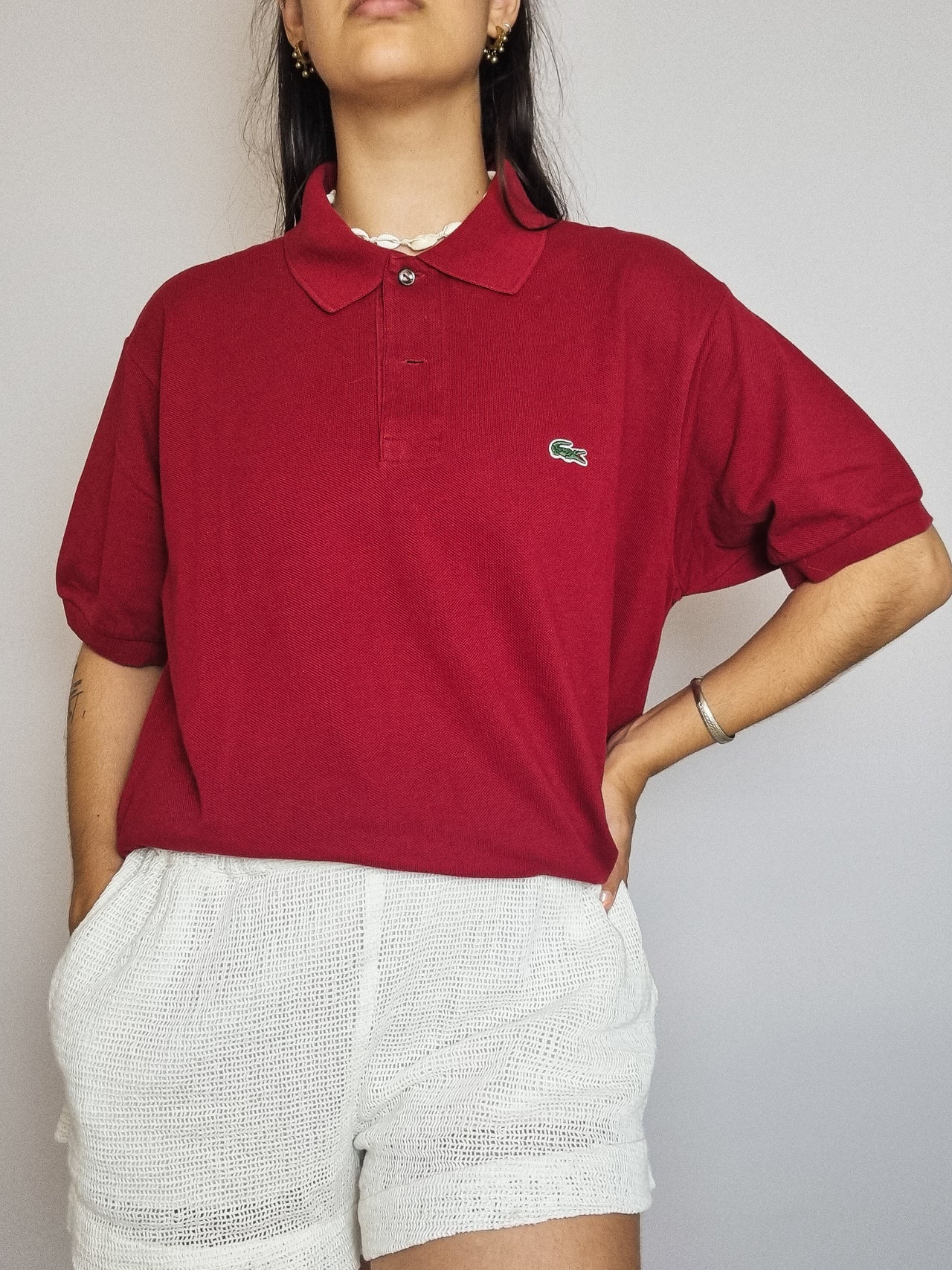 Lacoste L white striped mauve polo shirt