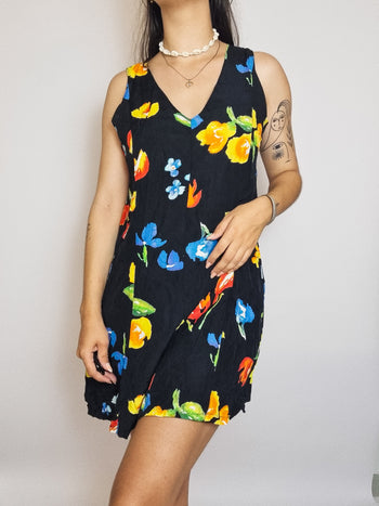 Robe à Fleurs Noire Vintage S/M