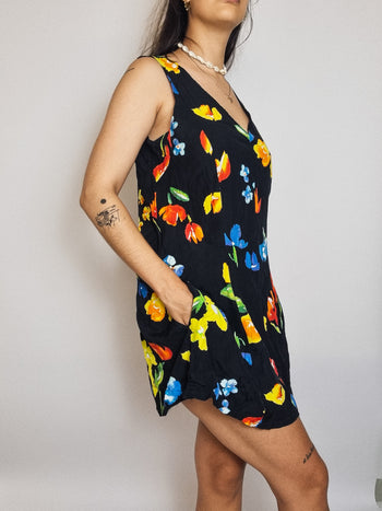 Robe à Fleurs Noire Vintage S/M