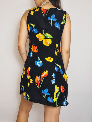 Robe à Fleurs Noire Vintage S/M