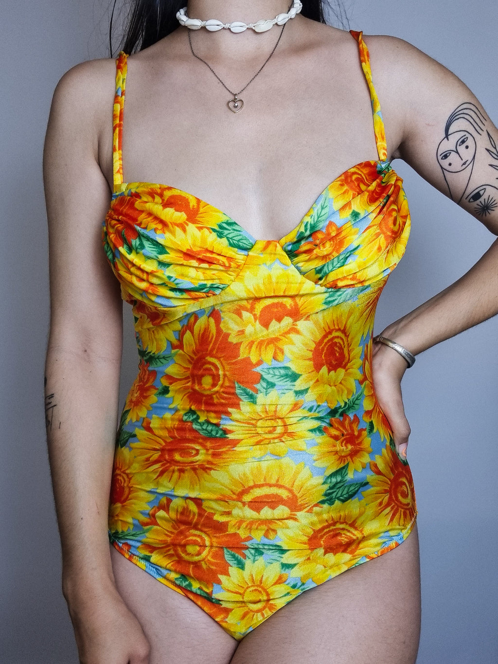 Vintage einteiliger Badeanzug Sonnenblumen S/M