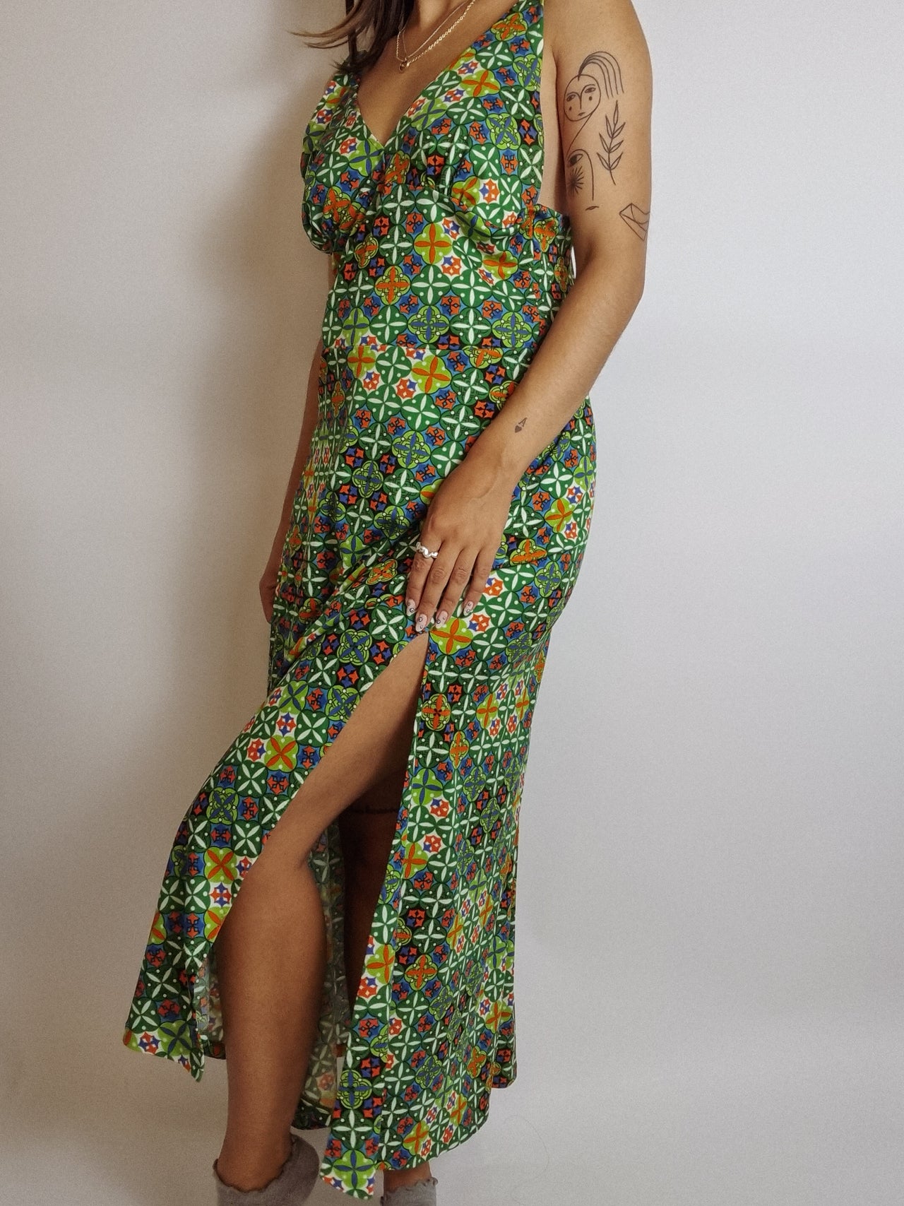 Vintage green patterned dress M