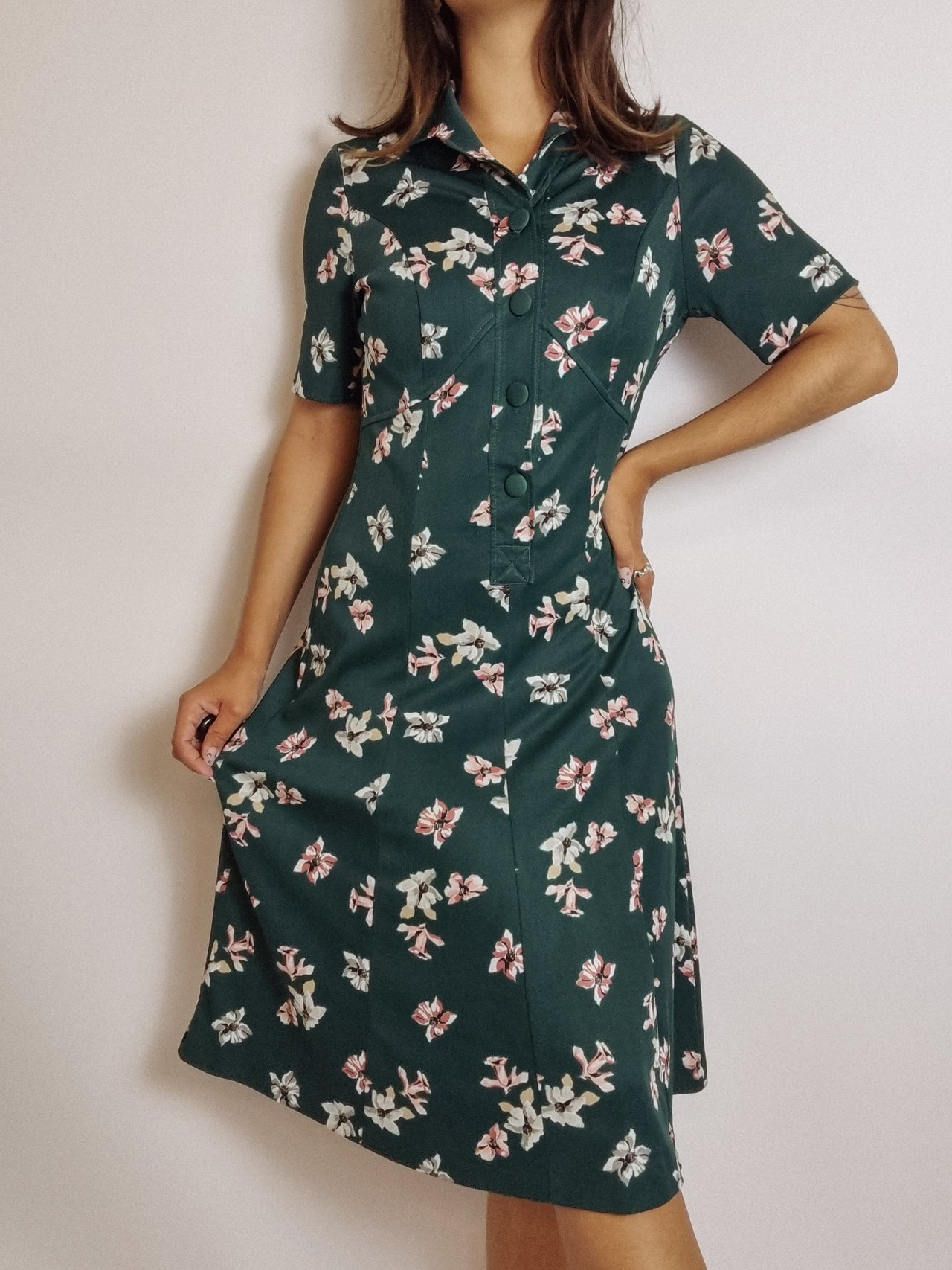 Vintage green floral dress S/M