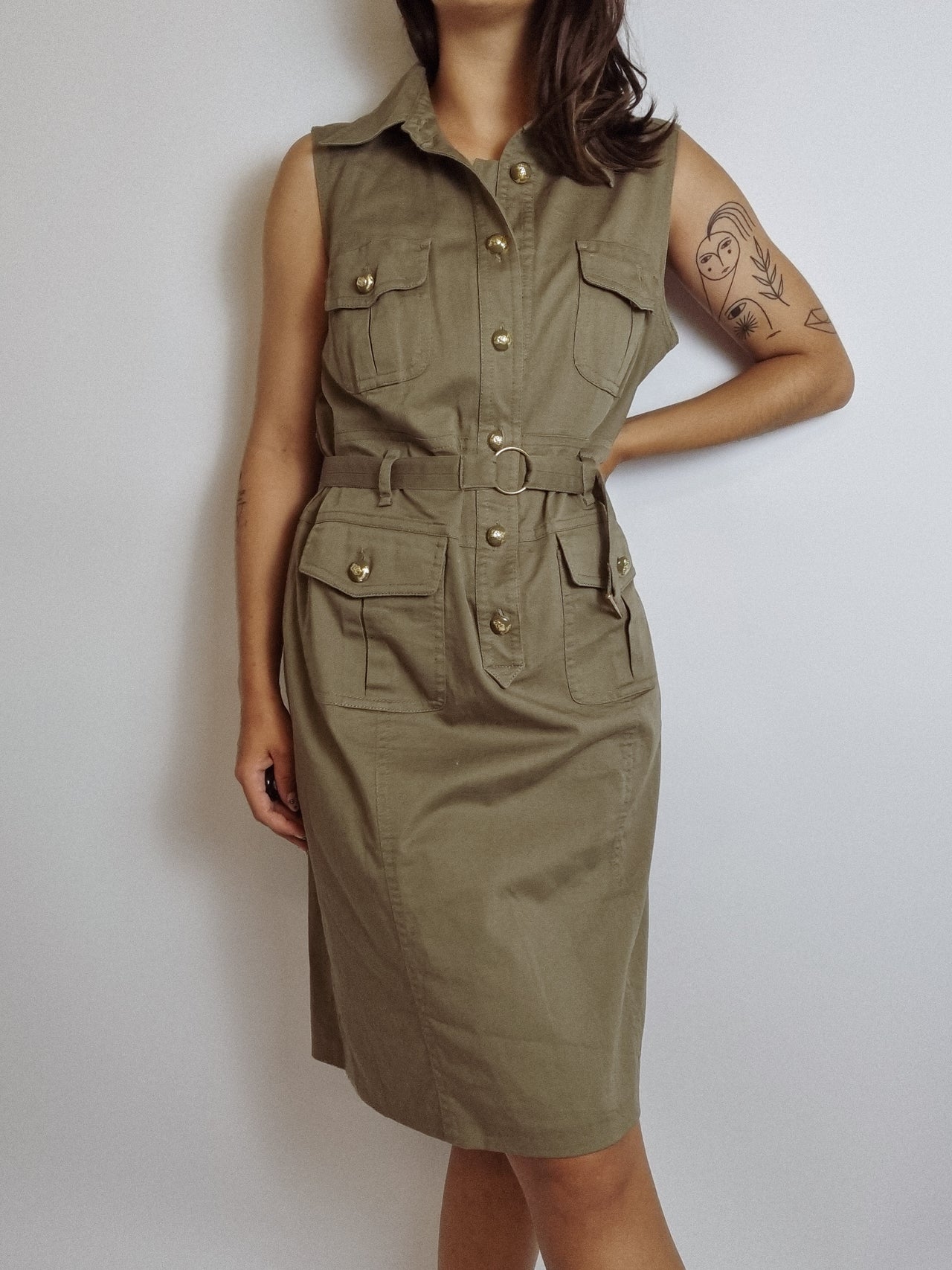 Vintage khaki shirt dress S/M