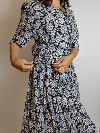 Robe vintage bleue à fleurs S/M