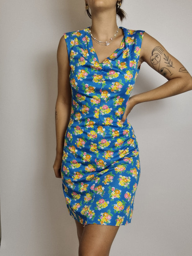 Robe bleue à fleurs vintage S