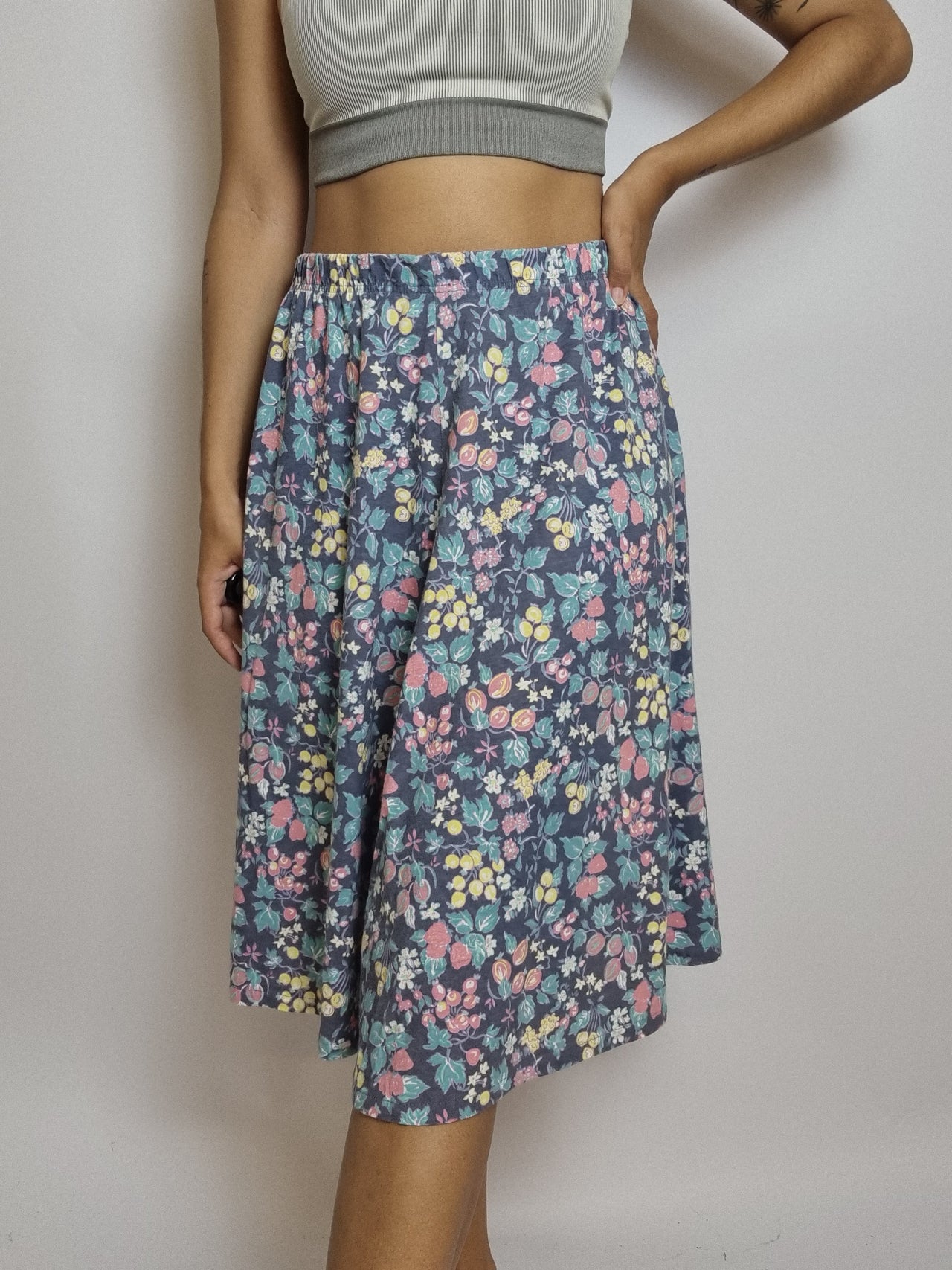 Vintage blue midi skirt with colorful flowers M 