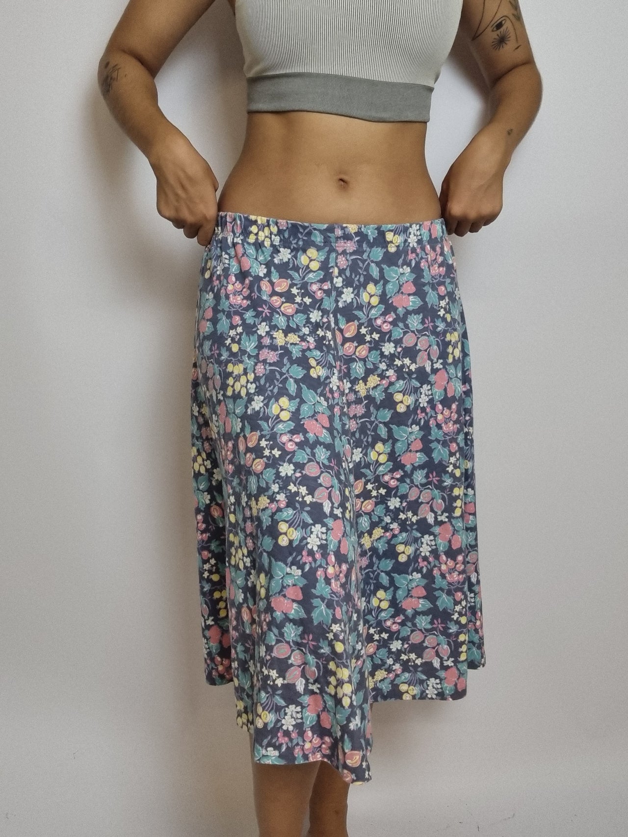 Vintage blue midi skirt with colorful flowers M 