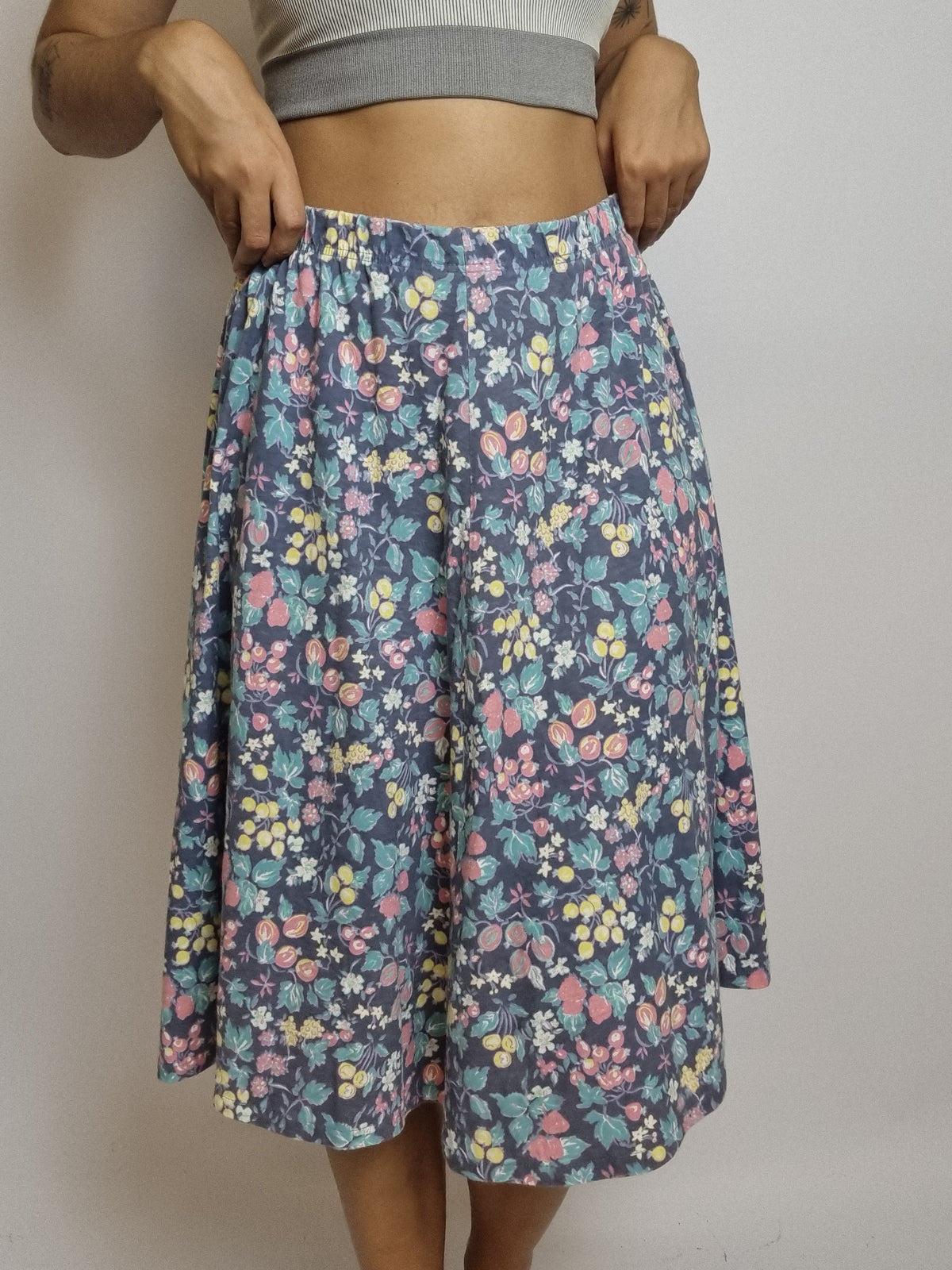 Jupe midi vintage bleue à fleurs colorées M