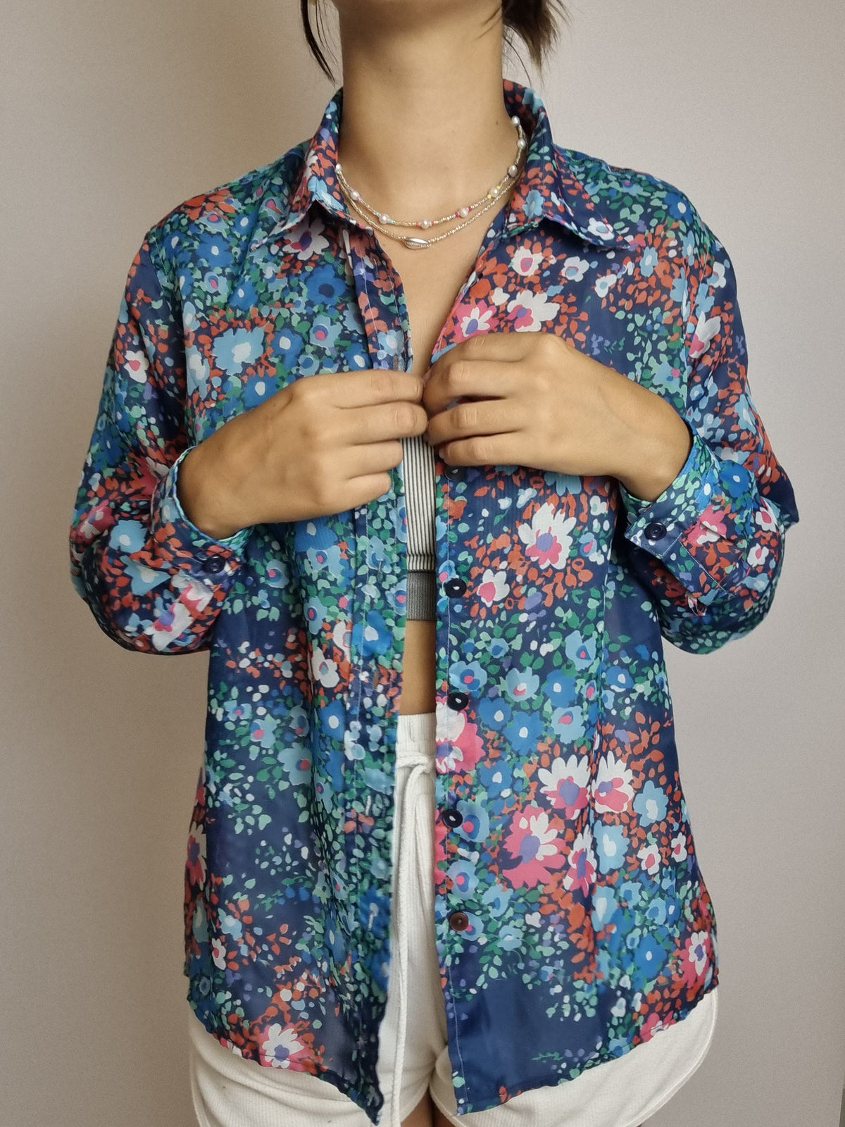 Chemisier à fleurs bleu et rouge vintage S/M