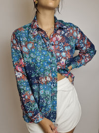 Chemisier à fleurs bleu et rouge vintage S/M