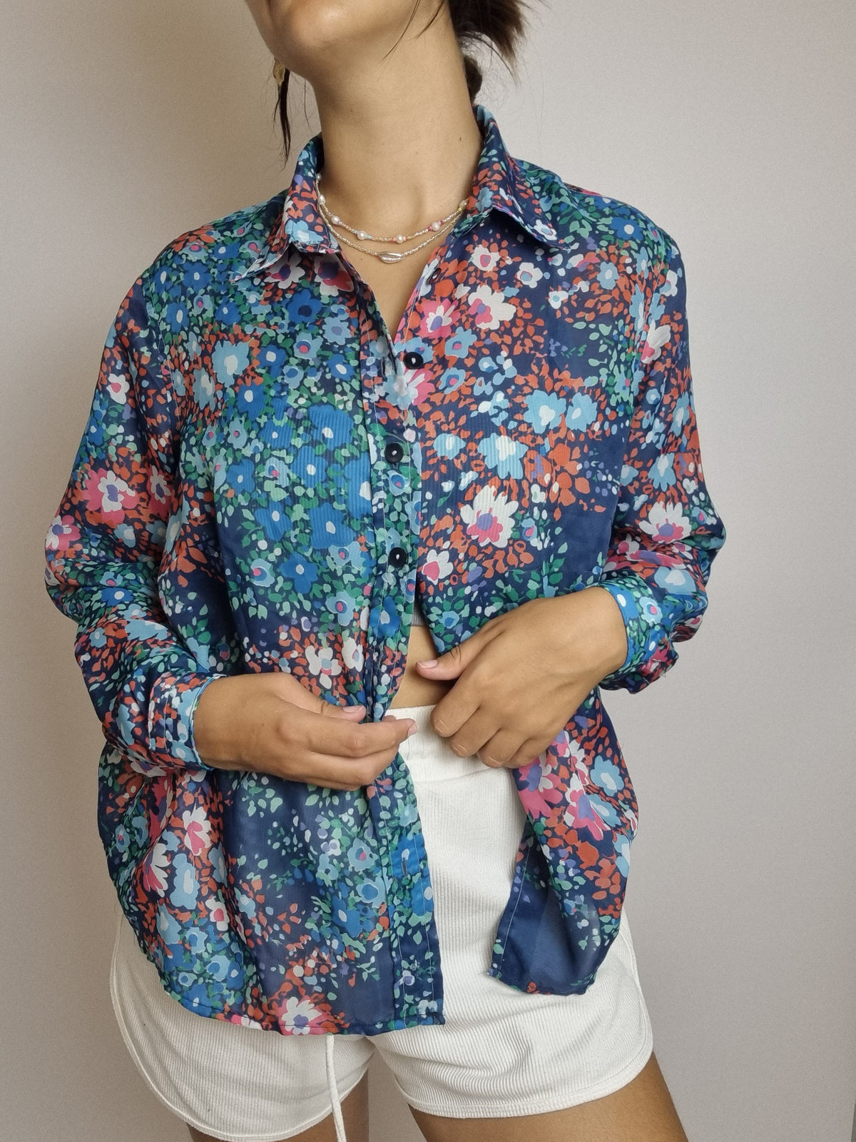 Chemisier à fleurs bleu et rouge vintage S/M