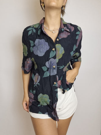 Black vintage floral blouse S