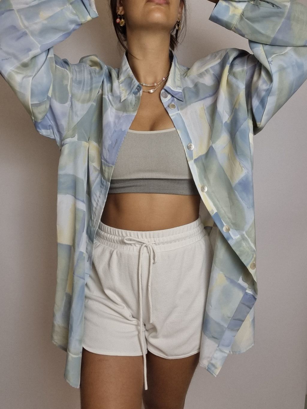 Chemisier bleu et jaune à motifs vintage M/L
