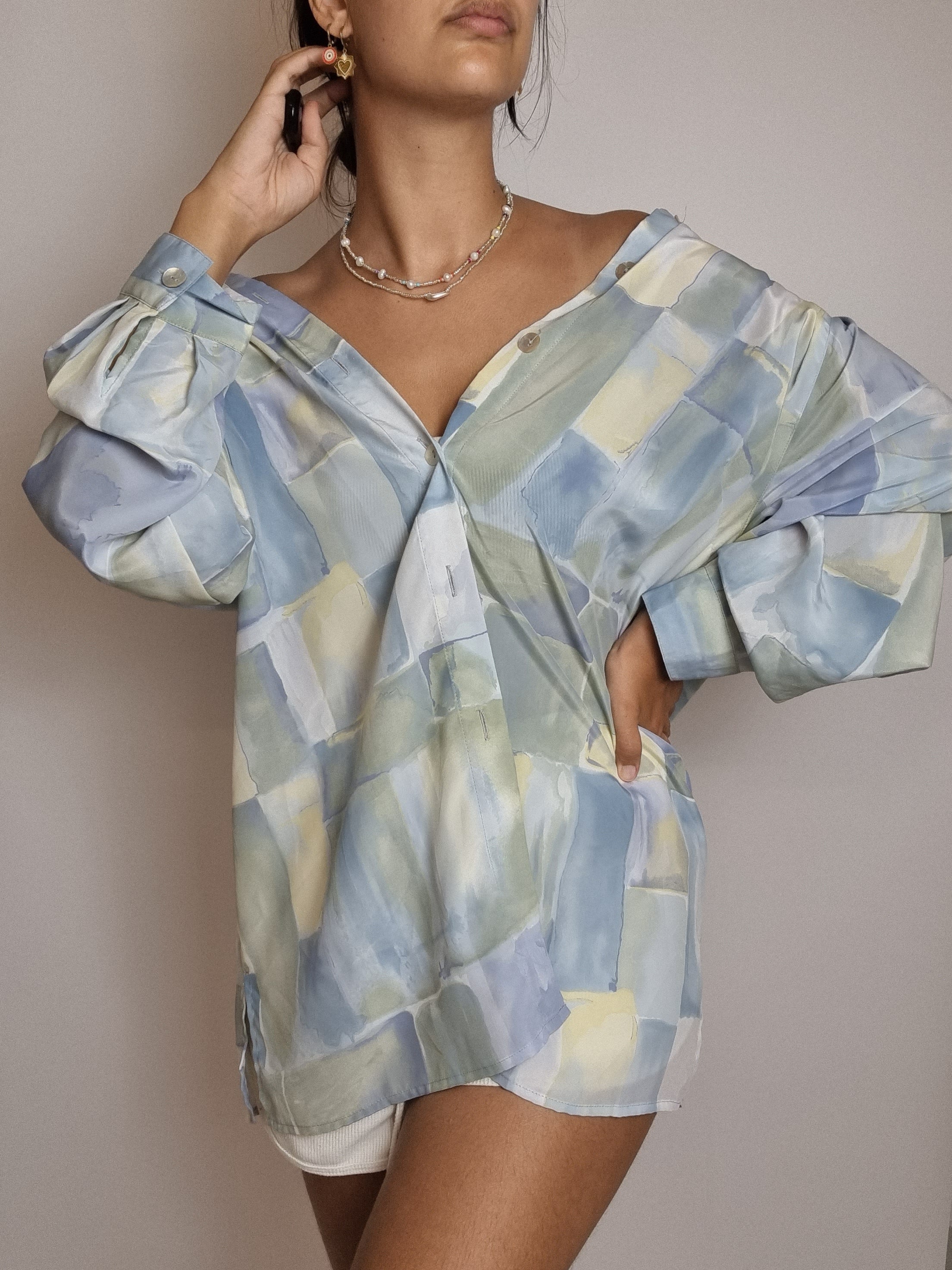Chemisier bleu et jaune à motifs vintage M/L