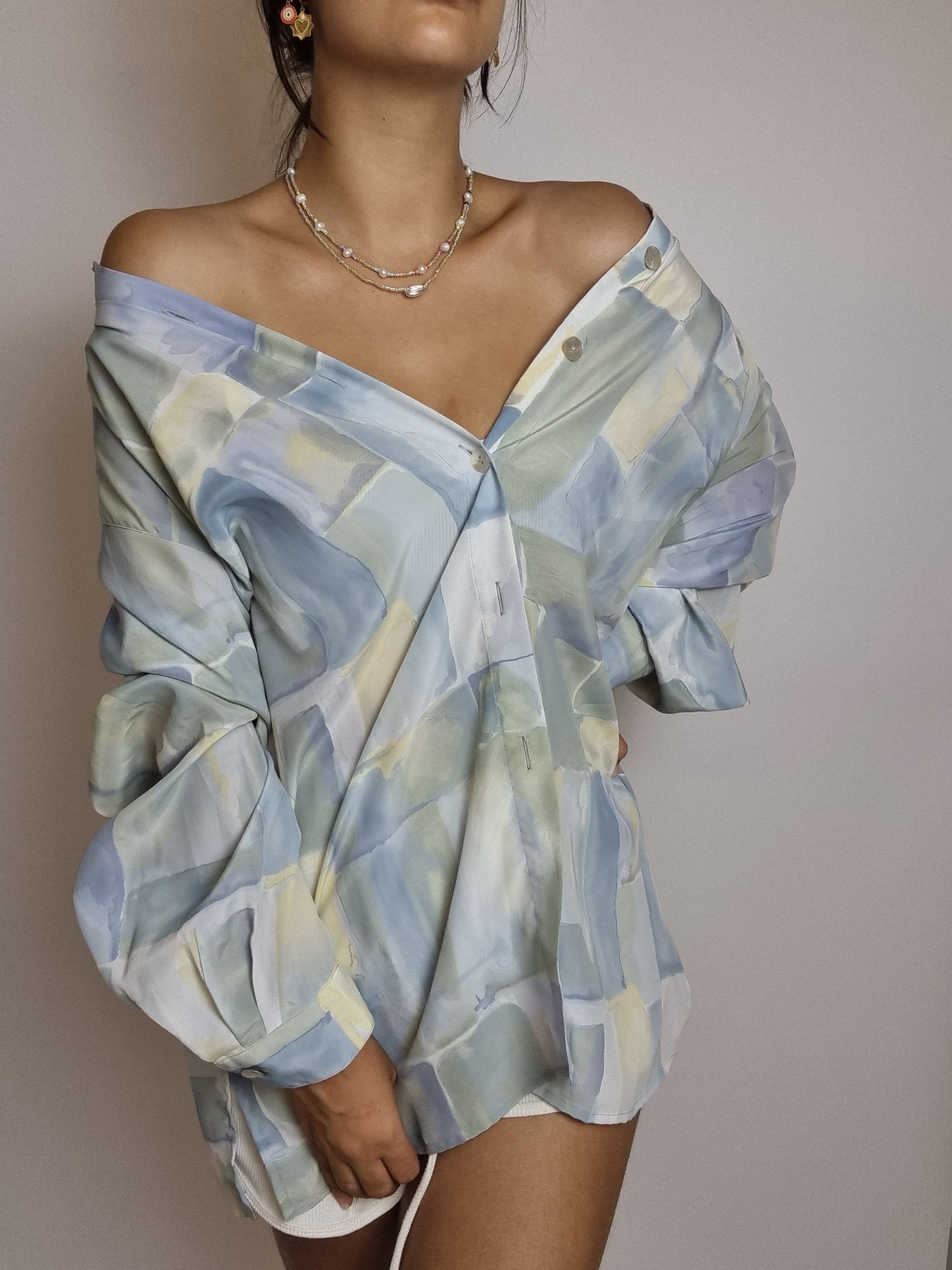 Chemisier bleu et jaune à motifs vintage M/L