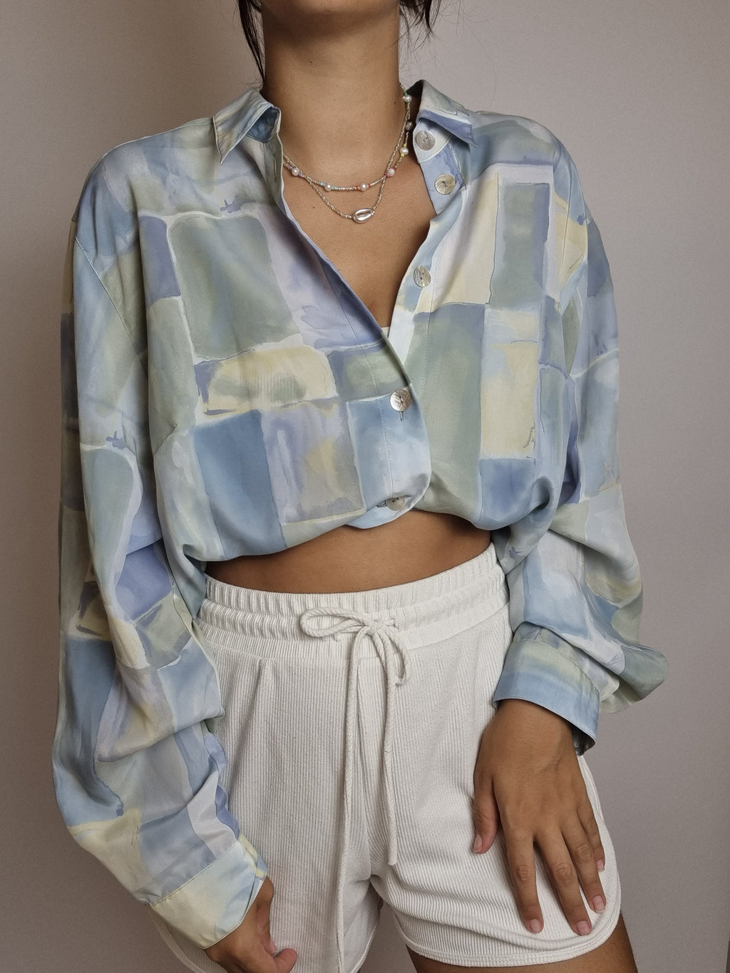 Chemisier bleu et jaune à motifs vintage M/L