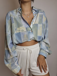 Chemisier bleu et jaune à motifs vintage M/L