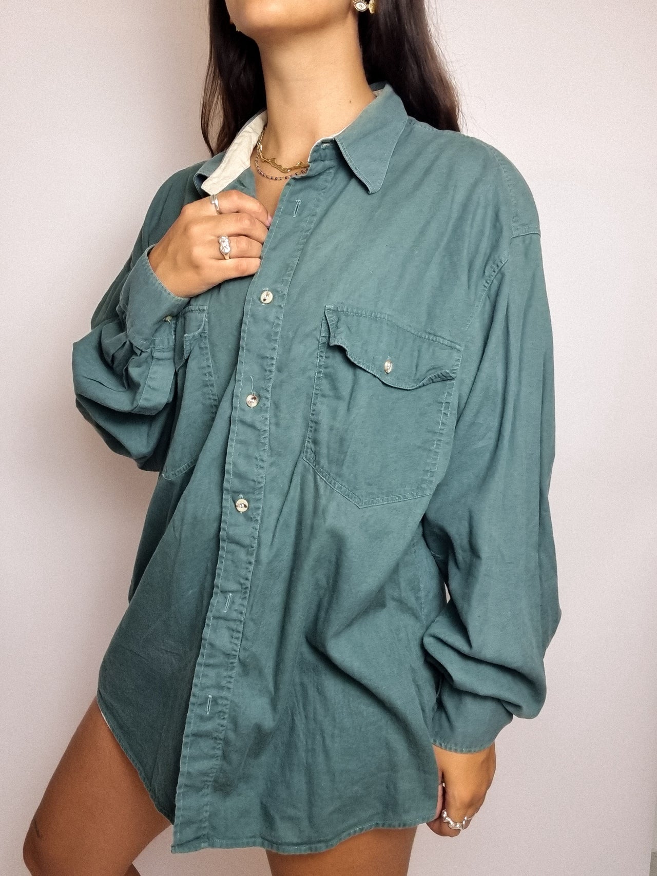 Chemise vintage verte à poches M/L