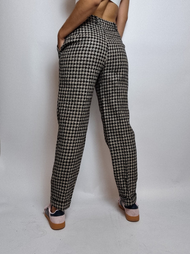 Pantalon vintage Pied de Poule en soie et laine S/M