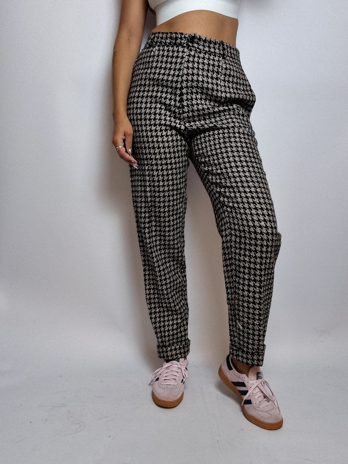 Pantalon vintage Pied de Poule en soie et laine S/M