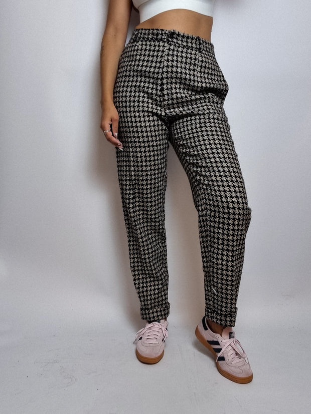 Pantalon vintage Pied de Poule en soie et laine S/M